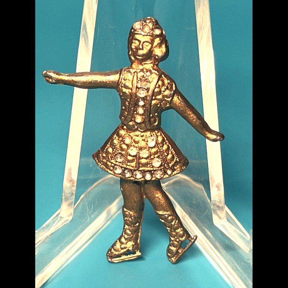 Vintage Golden Bejeweled Ice Skater Women Handmade 2" Metal Brooch Pin